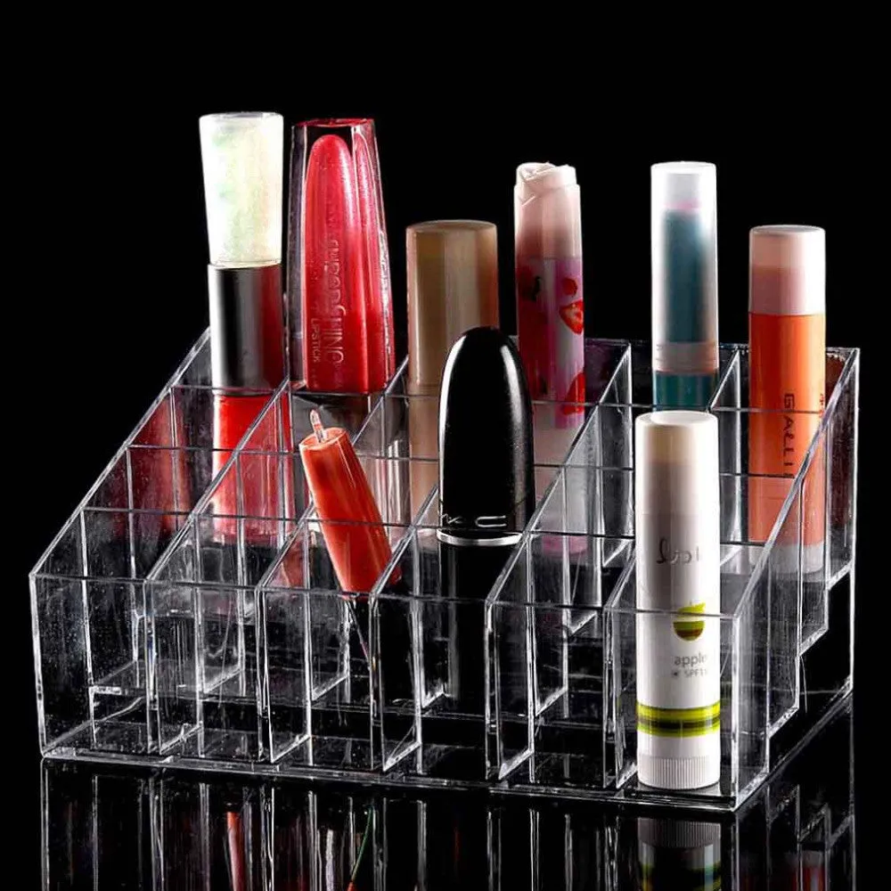 24 Trapezoid Clear Makeup Cosmetic Organizer Storage Lipstick Holder Case Stand Drop
