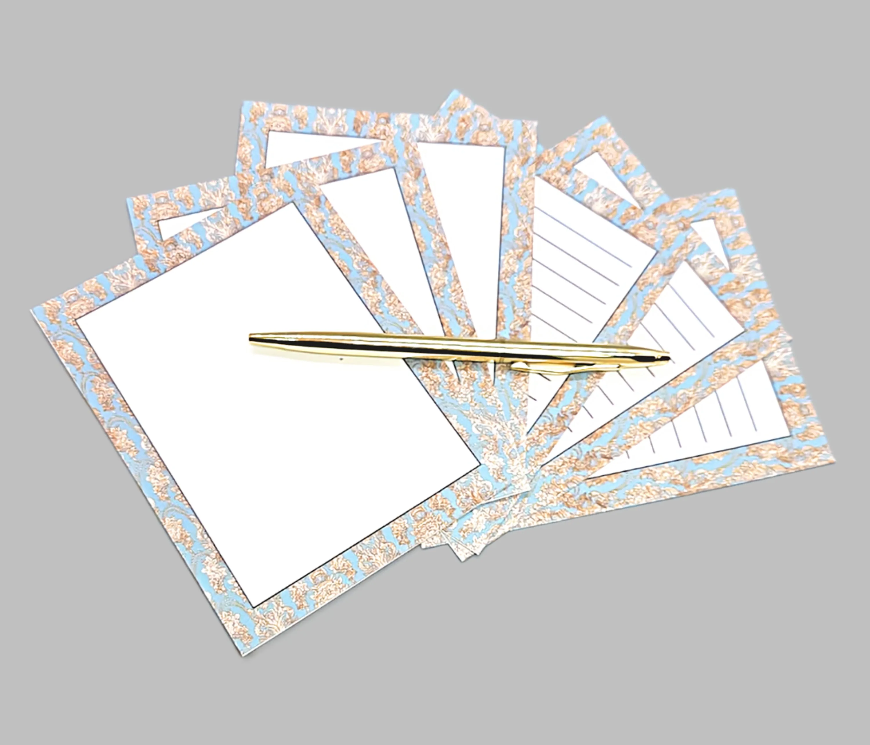 42-Pc Stationery Gift Box Set w/Reusable Desktop Organizer Box and Gold Pen - Blue & Ivory Lace