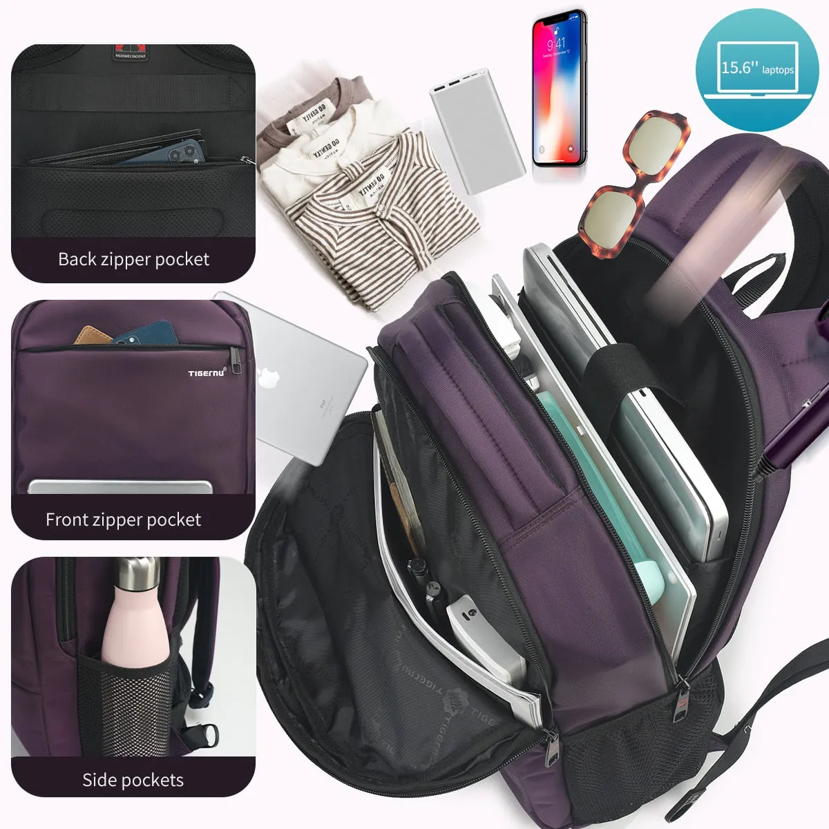 Anti Theft Backpack Computer Backpack Travel Bag - Purple - 15 inches
