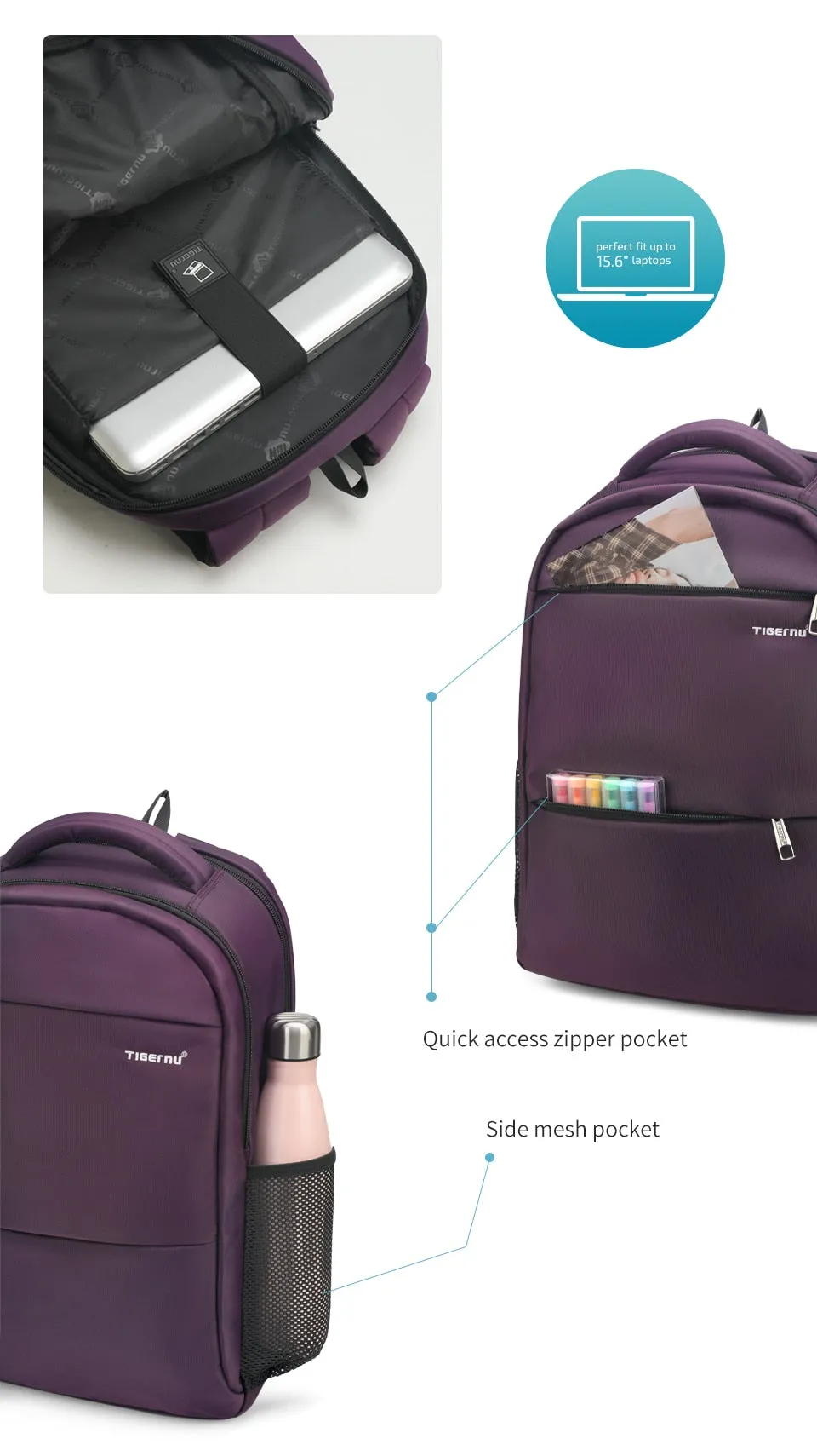 Anti Theft Backpack Computer Backpack Travel Bag - Purple - 15 inches