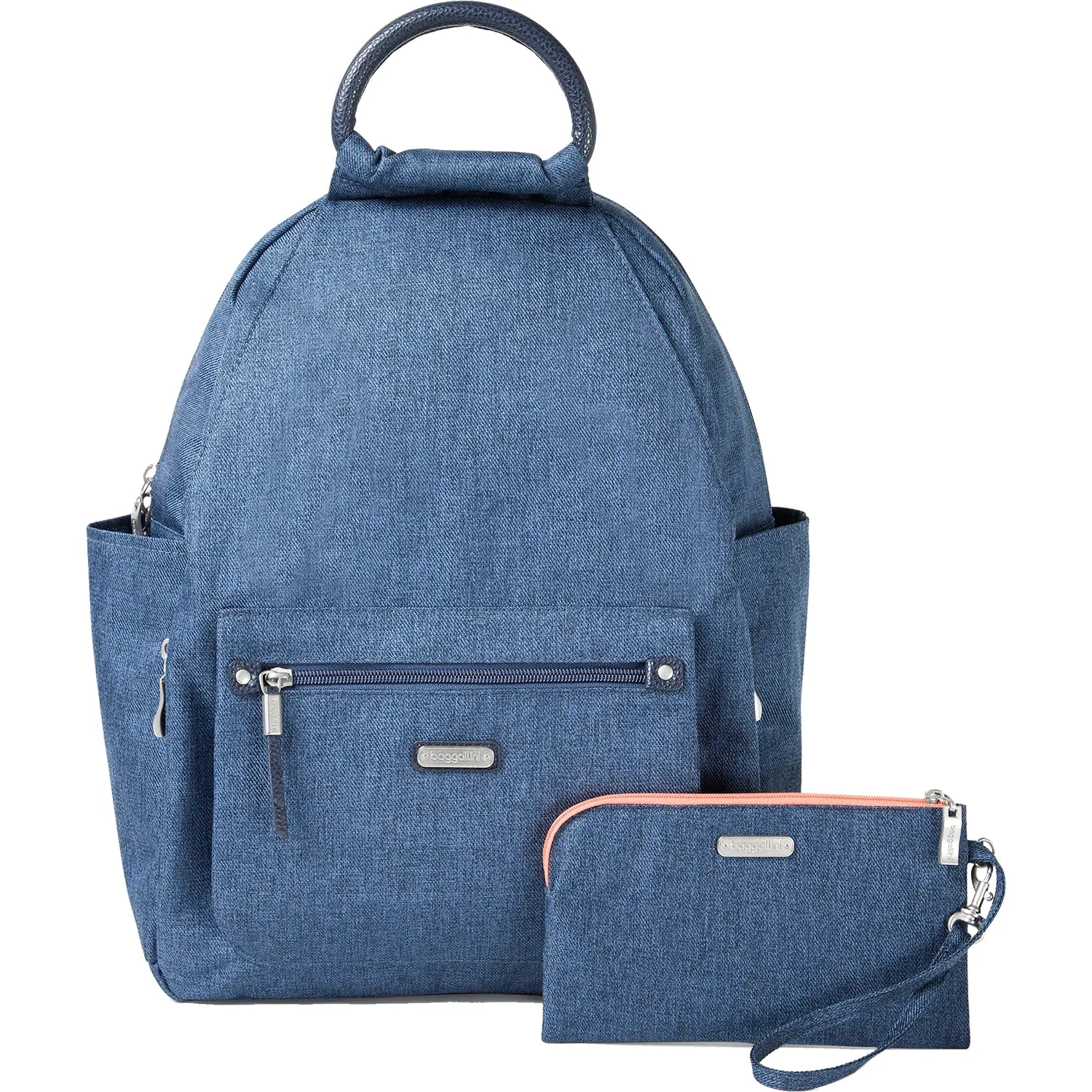 Baggallini All Day Backpack With RFID Phone Wristlet Steel Blue Nylon