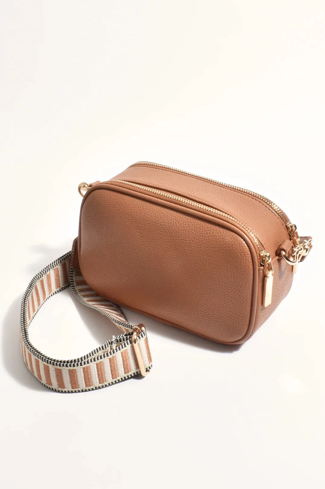BELLA STRIPED WEBBING CAMERA BAG (TAN)