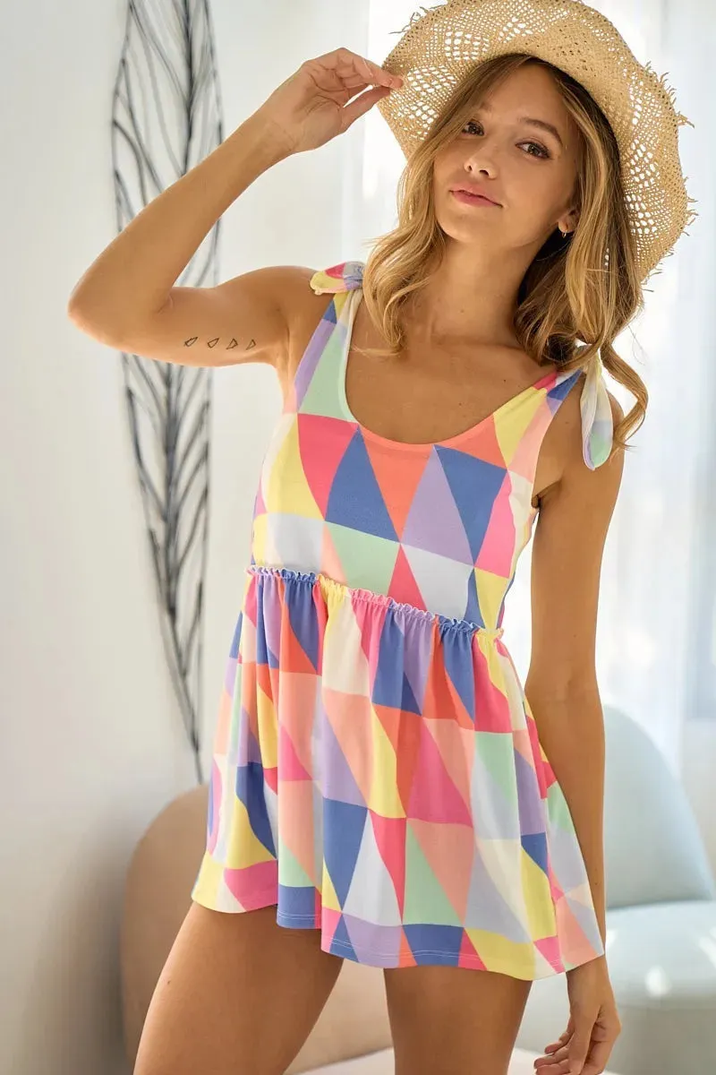 BiBi Multi Color Block Bruhsed Tied Ribbon Shoulder Top