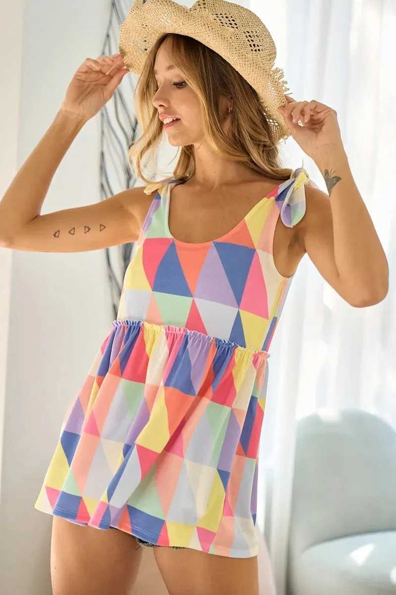 BiBi Multi Color Block Bruhsed Tied Ribbon Shoulder Top