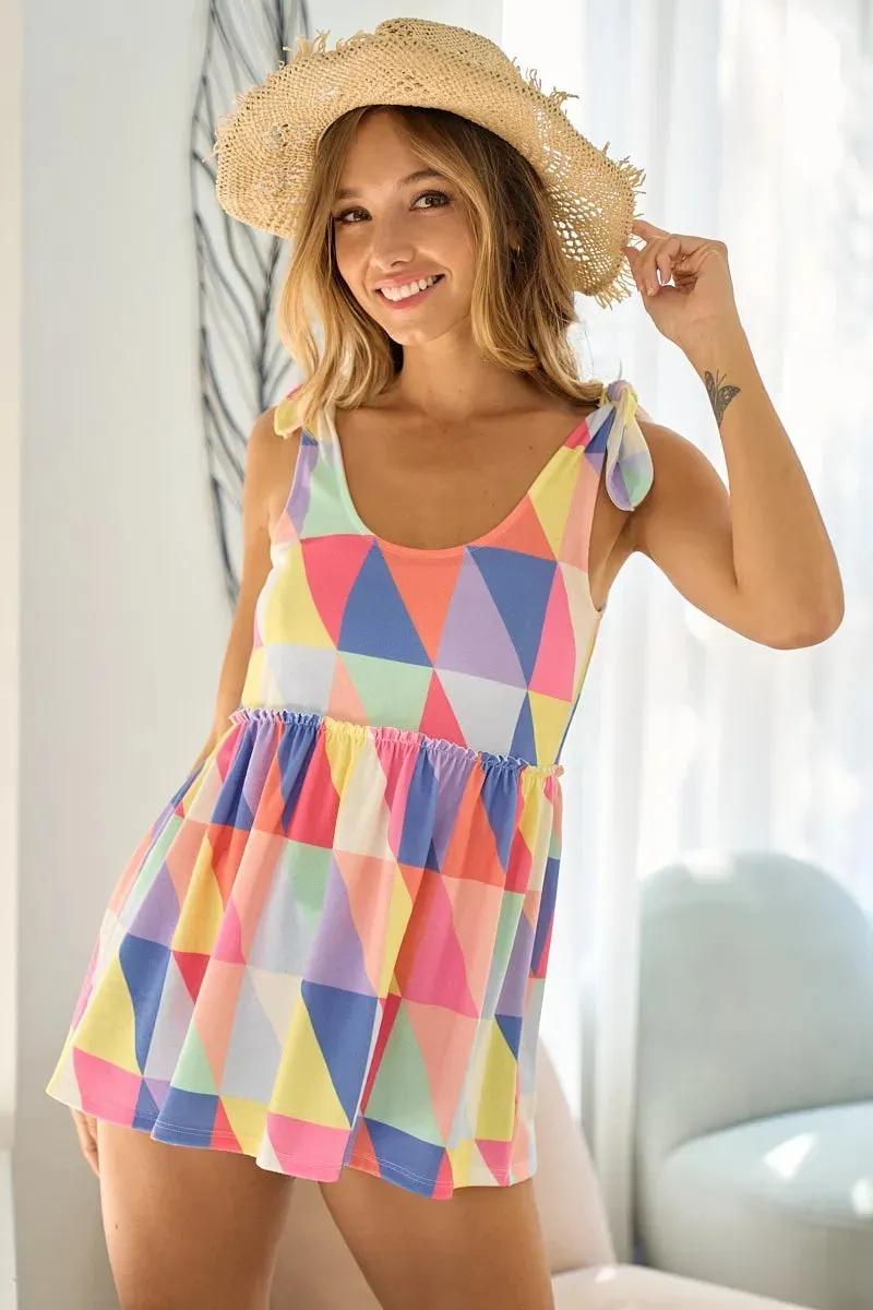BiBi Multi Color Block Bruhsed Tied Ribbon Shoulder Top