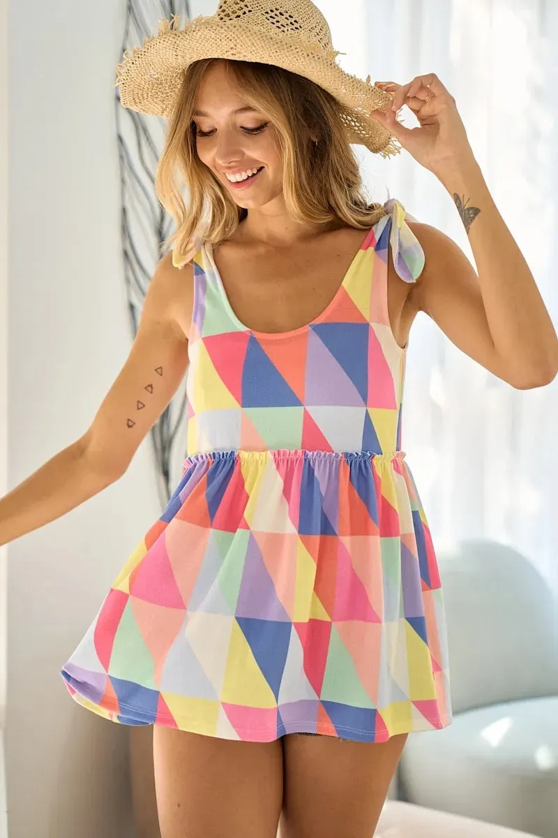 BiBi Multi Color Block Bruhsed Tied Ribbon Shoulder Top