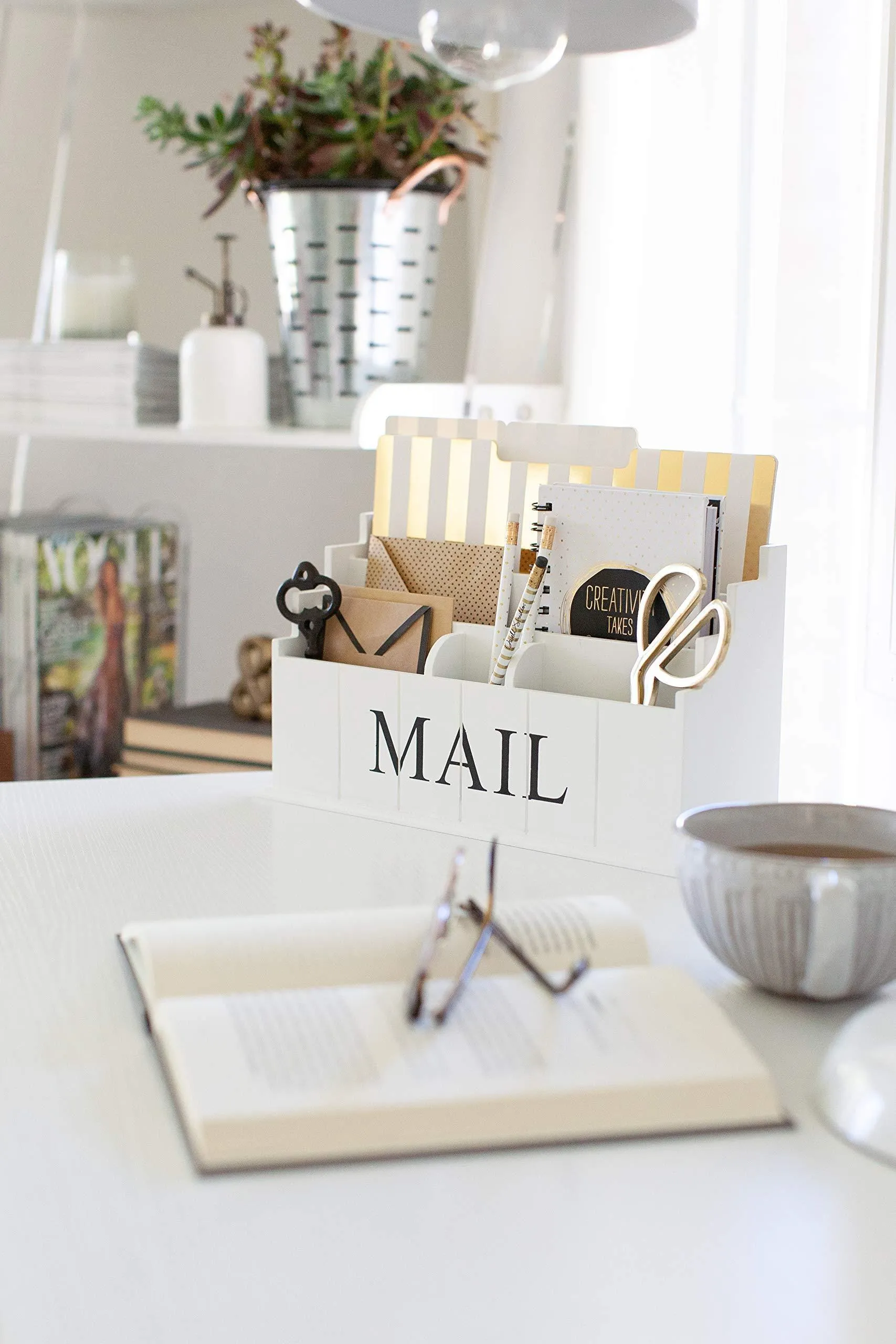 Blu Monaco White Wooden Mail Organizer - 3 Tier White Desk Organizer - Rustic Country Mail Sorter - Kitchen Counter Organizer Mail Holder
