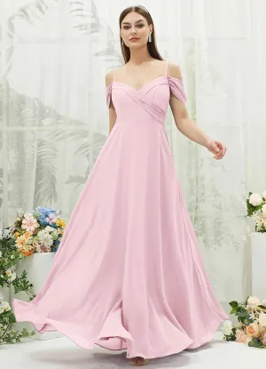 Blush Chiffon Cold Shoulder Sweetheart Bridesmaid Dress Pocket