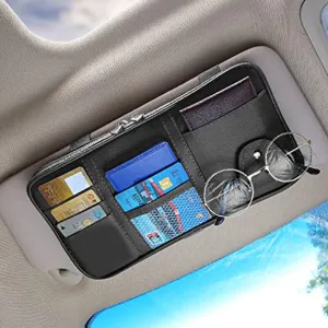 Car Sun Visor Organizer Truck SUV Sun Visor Storage Pocket PU Leather Pouch Holder with Multi-Pocket Double Zipper Net Pocket, for Cards Pens Sunglasses Document Newest, Custom Fit For Your Cars