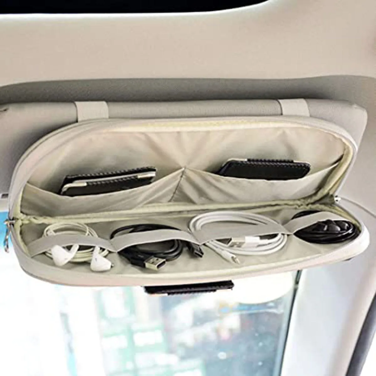 Car Sun Visor Organizer Truck SUV Sun Visor Storage Pocket PU Leather Pouch Holder with Multi-Pocket Double Zipper Net Pocket, for Cards Pens Sunglasses Document Newest, Custom Fit For Your Cars