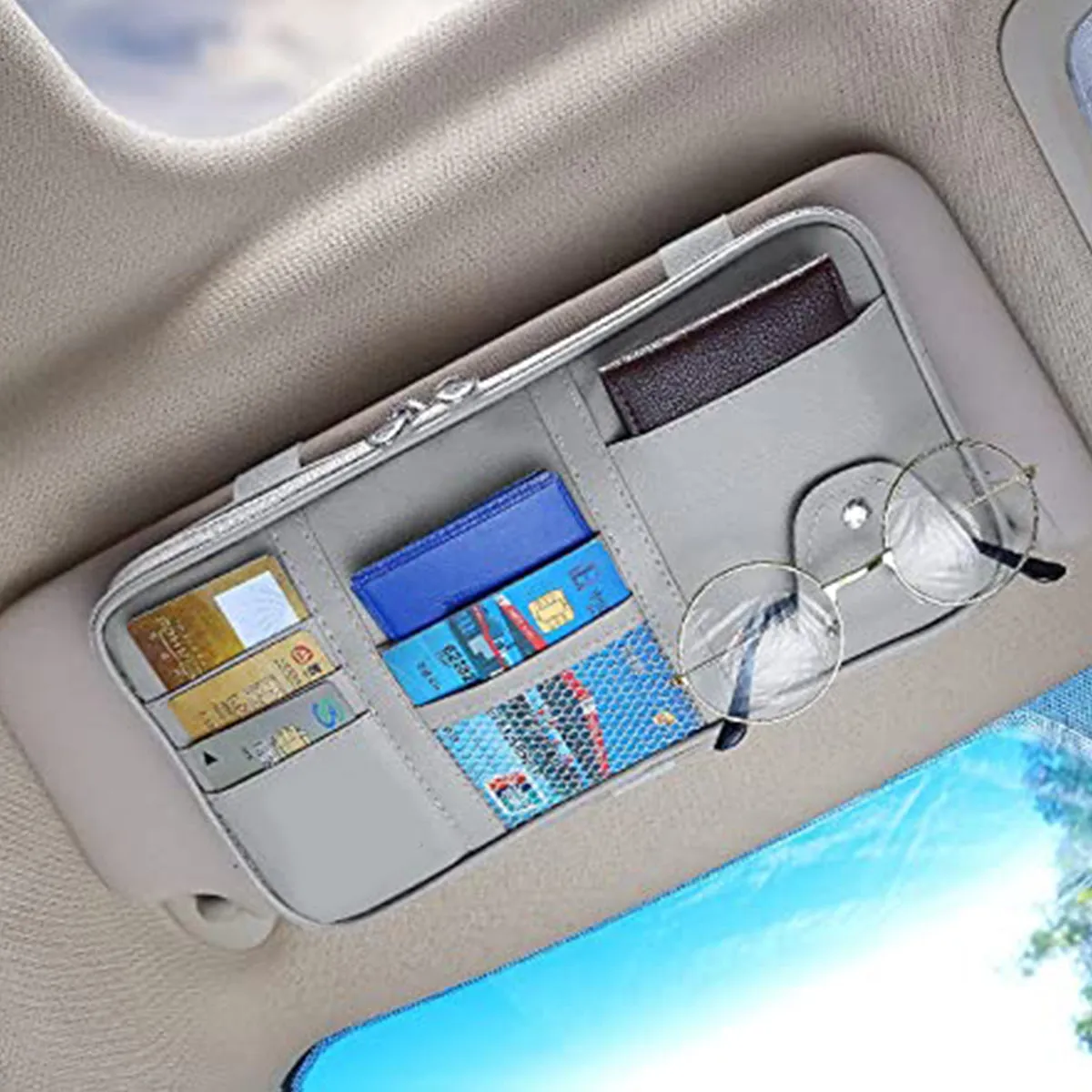 Car Sun Visor Organizer Truck SUV Sun Visor Storage Pocket PU Leather Pouch Holder with Multi-Pocket Double Zipper Net Pocket, for Cards Pens Sunglasses Document Newest, Custom Fit For Your Cars