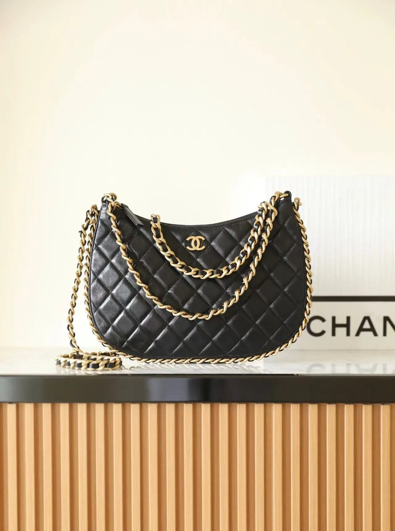 CC Large Hobo Bag Black Shiny Crumpled Lambskin
