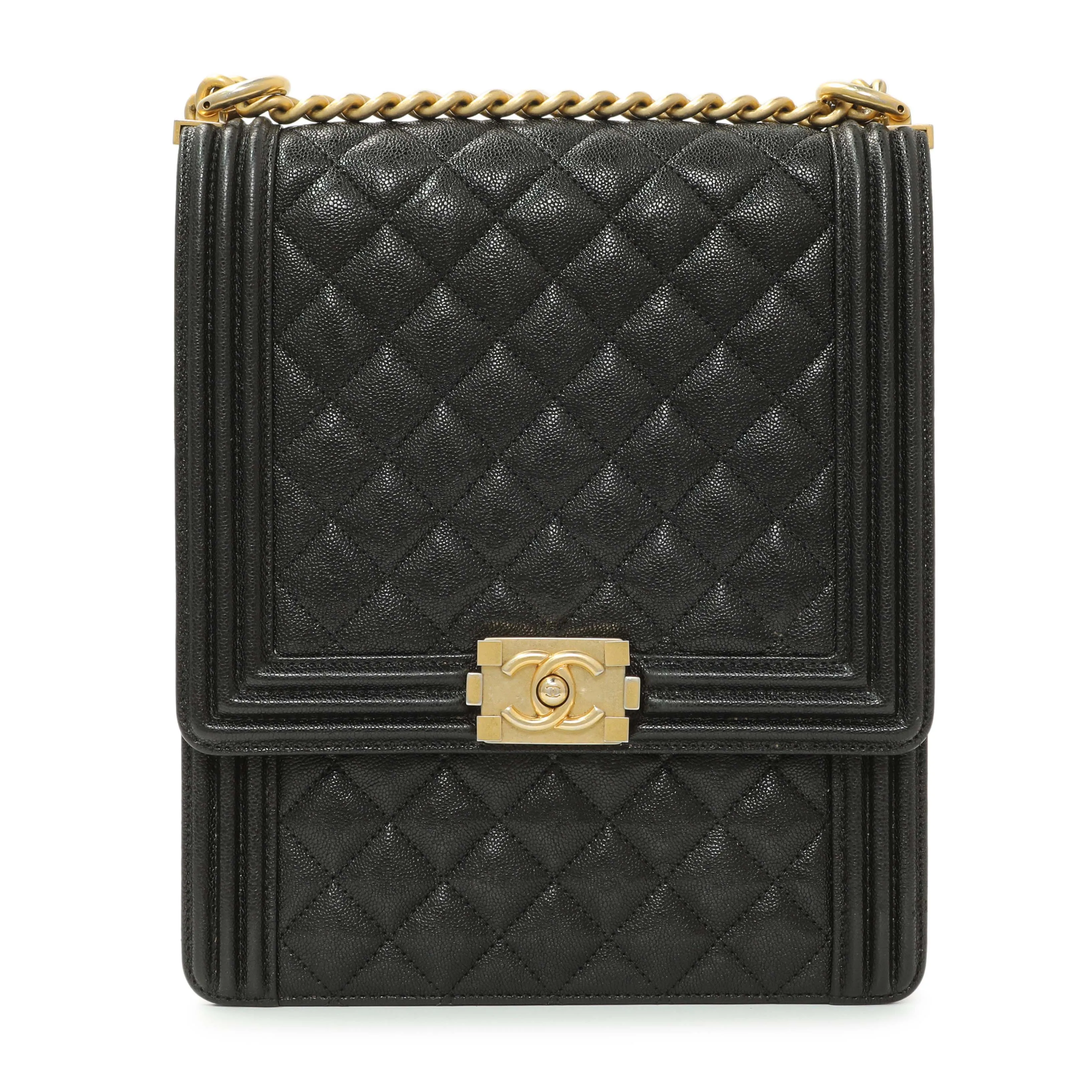 Chanel Black Quilted Caviar North South Boy Flap