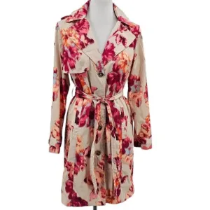 Chicos Womens 4/6 Floral Trench Raincoat With Removable Hood