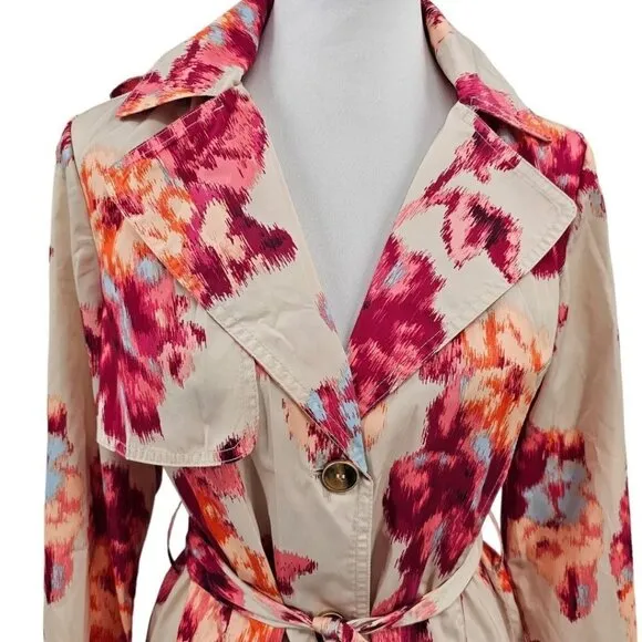 Chicos Womens 4/6 Floral Trench Raincoat With Removable Hood