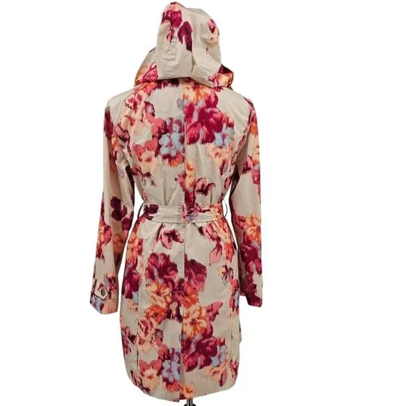 Chicos Womens 4/6 Floral Trench Raincoat With Removable Hood