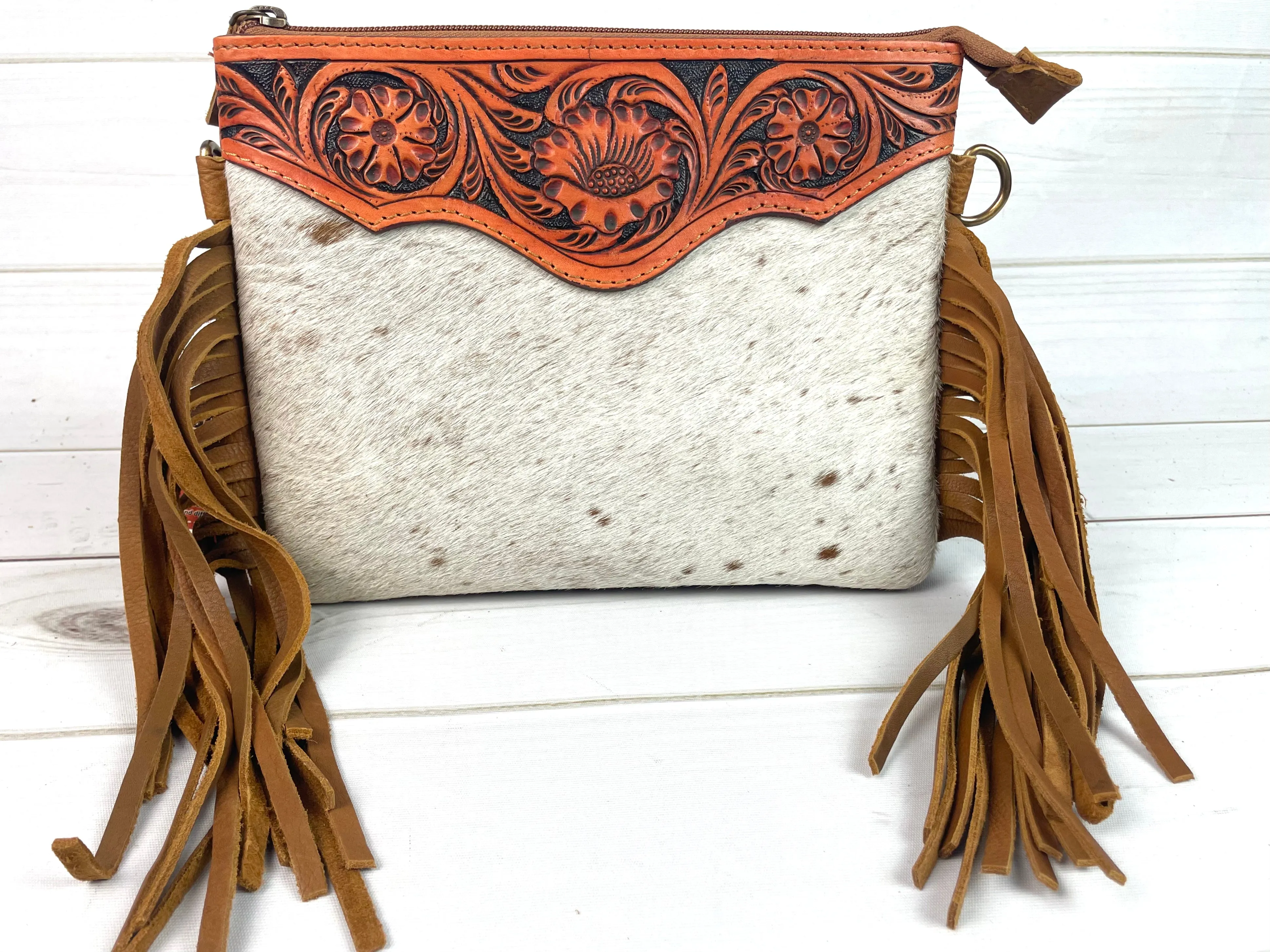 CLEARANCE! Hide Floral Leather Tooled Suede Fringe Crossbody Handbag
