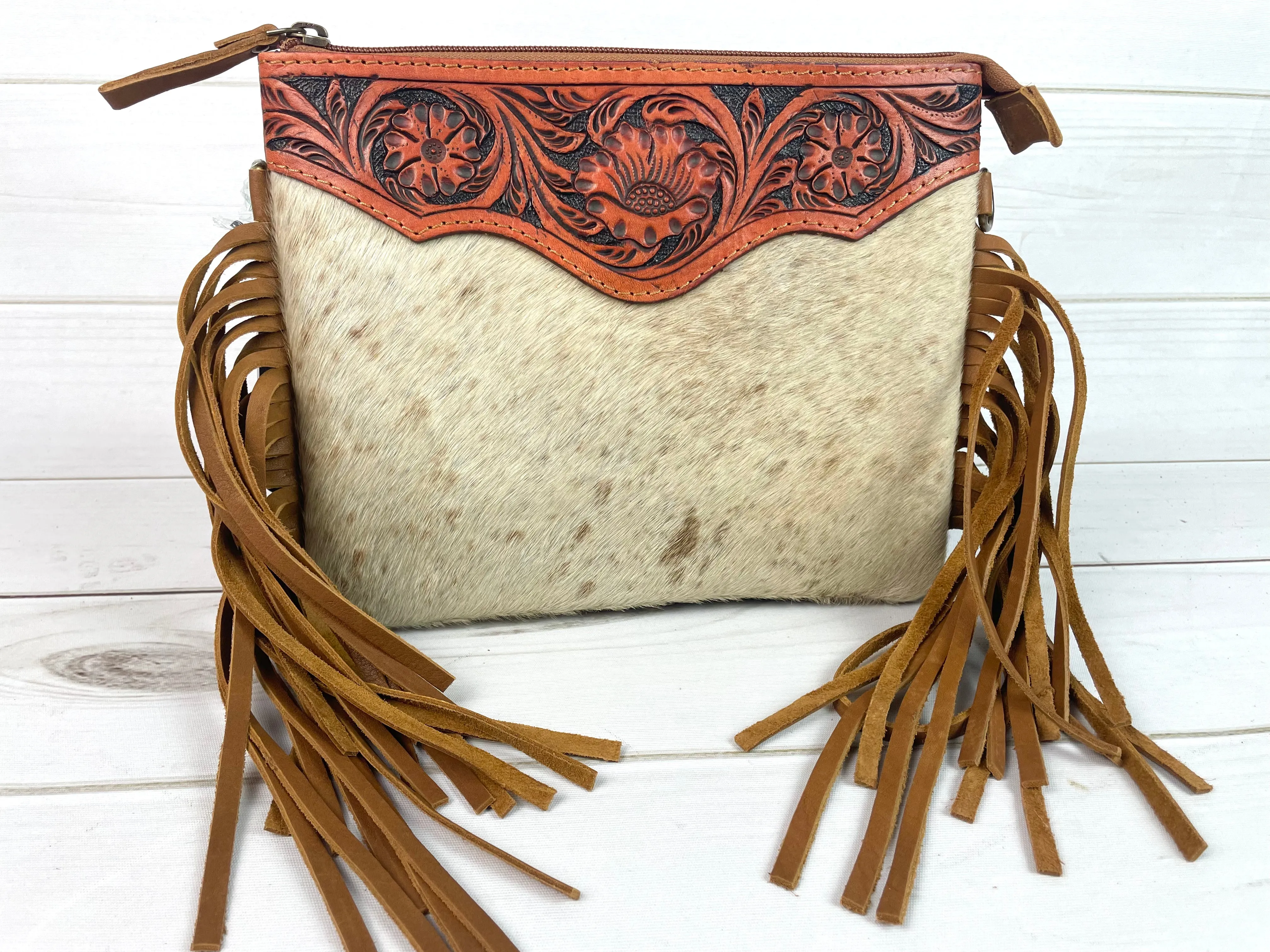 CLEARANCE! Hide Floral Leather Tooled Suede Fringe Crossbody Handbag