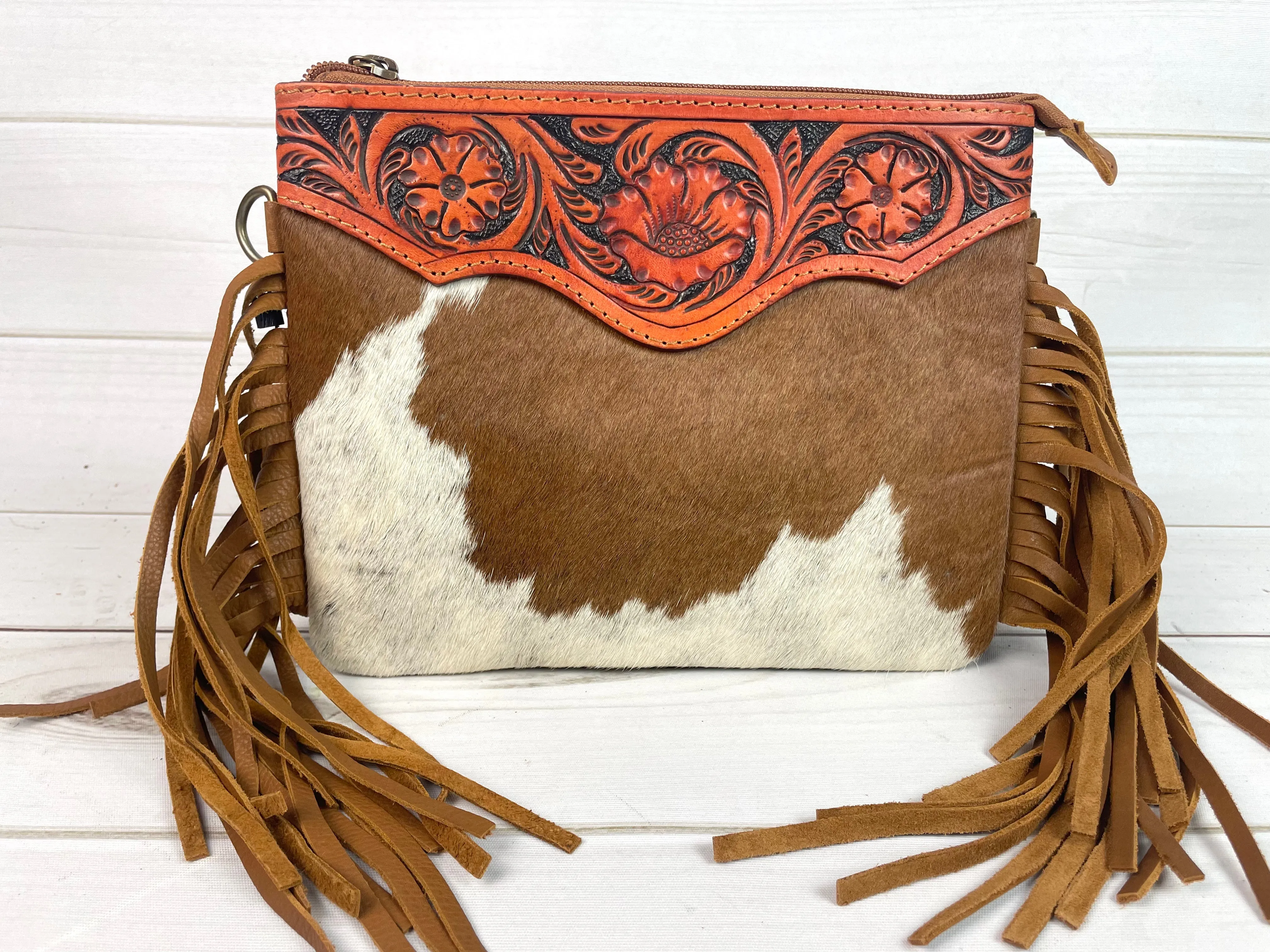 CLEARANCE! Hide Floral Leather Tooled Suede Fringe Crossbody Handbag