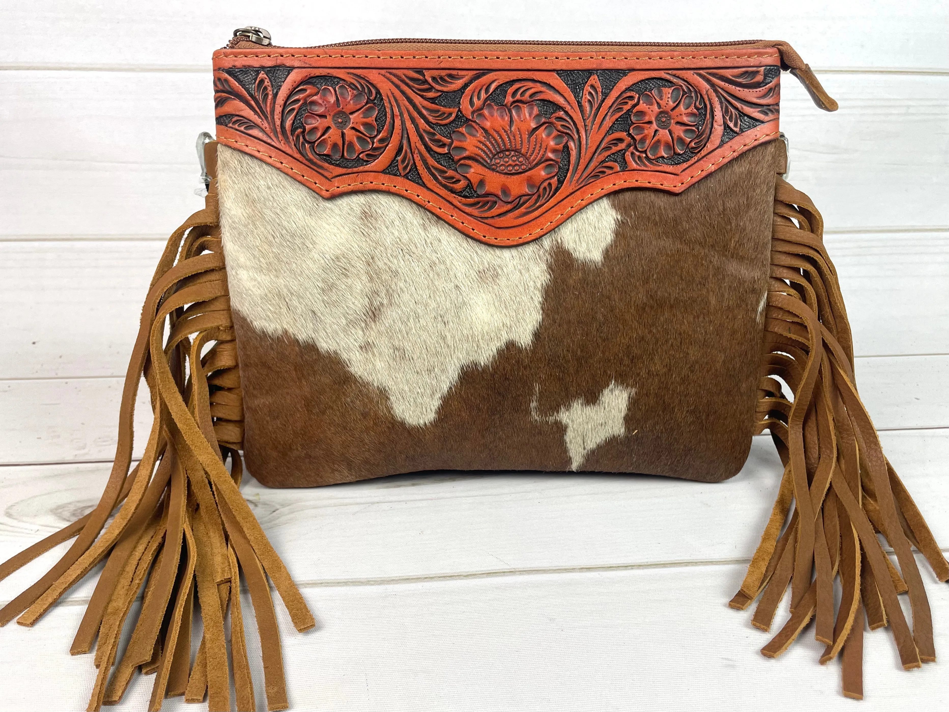 CLEARANCE! Hide Floral Leather Tooled Suede Fringe Crossbody Handbag