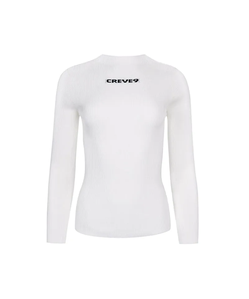 CREVE NINE: Color Blocking Logo High Neck Knit - White
