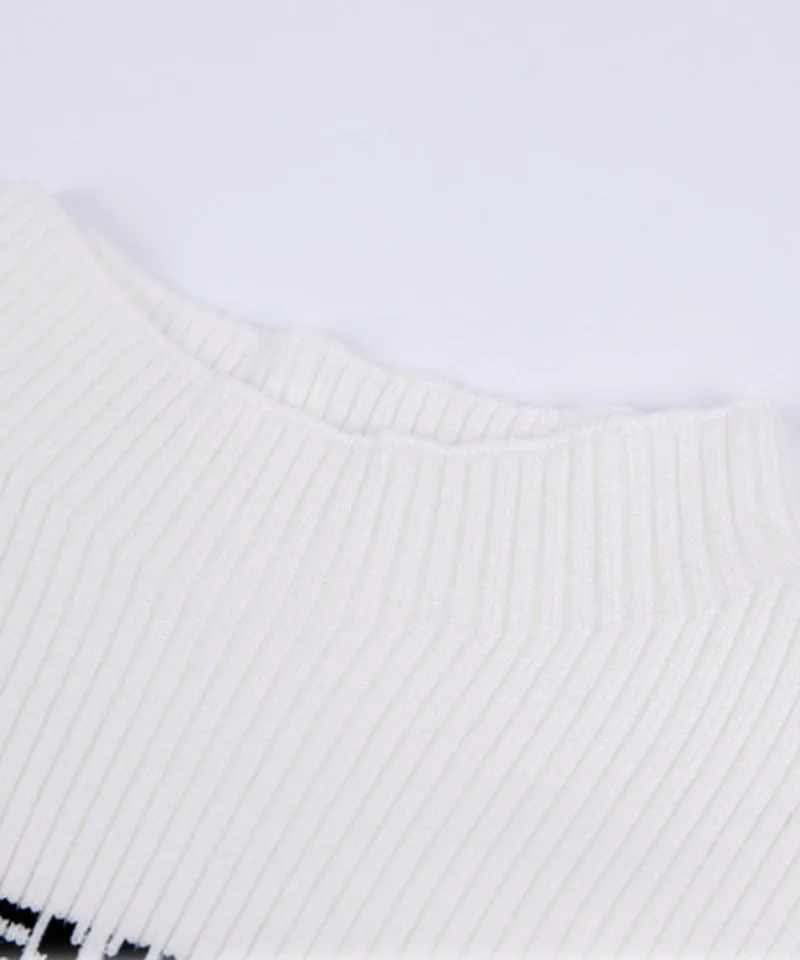 CREVE NINE: Color Blocking Logo High Neck Knit - White