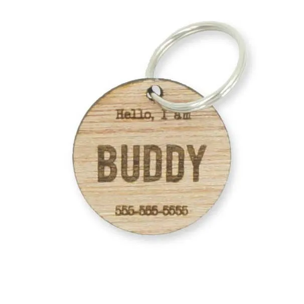 Custom Personalized Circle Hello Wood Pet Name Phone Number Identification Dog Tag Engraved Dog Collar