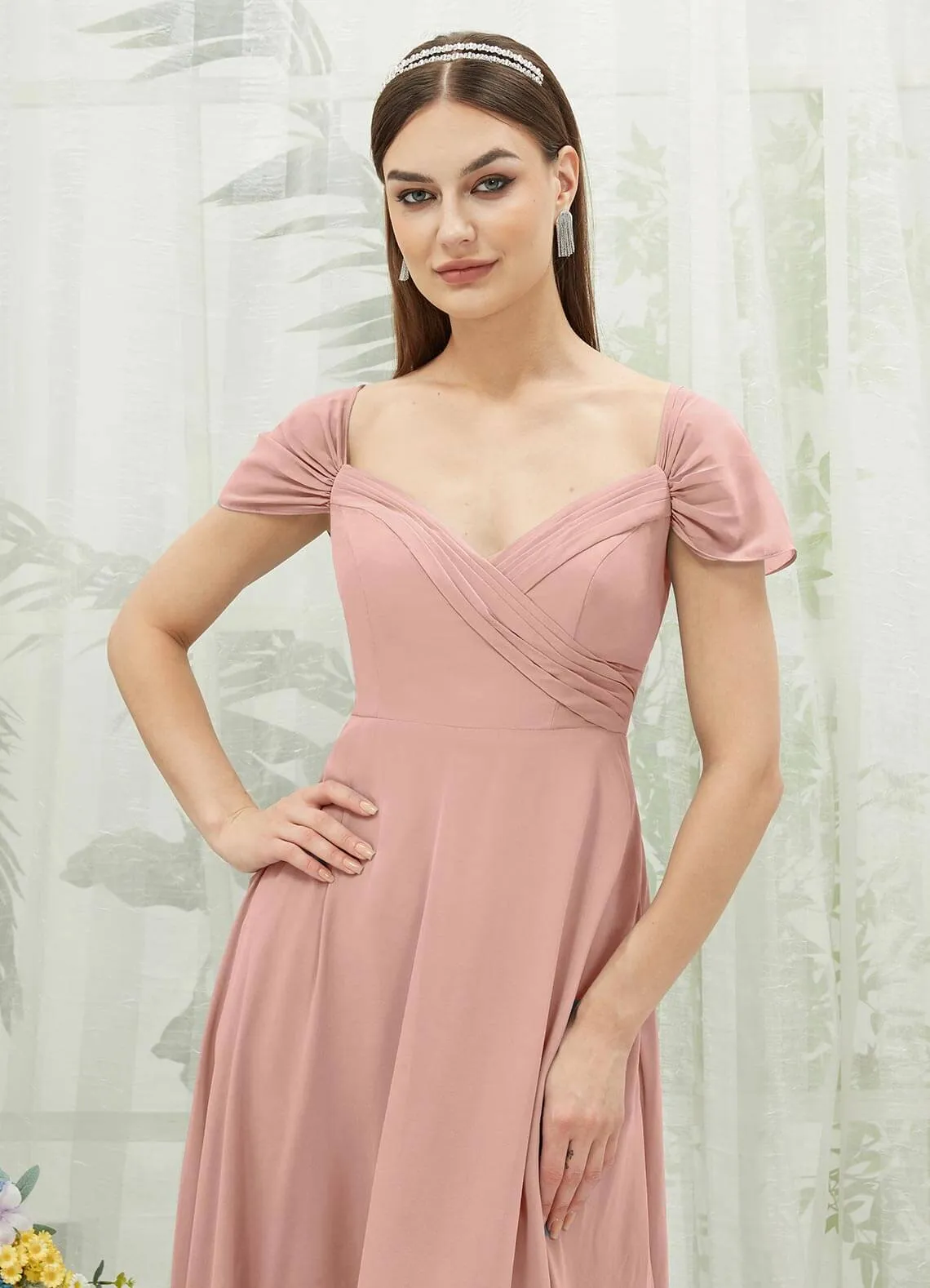 Dusty Pink Chiffon Cold Shoulder Sweetheart Bridesmaid Dress Pocket
