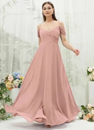 Dusty Pink Chiffon Cold Shoulder Sweetheart Bridesmaid Dress Pocket