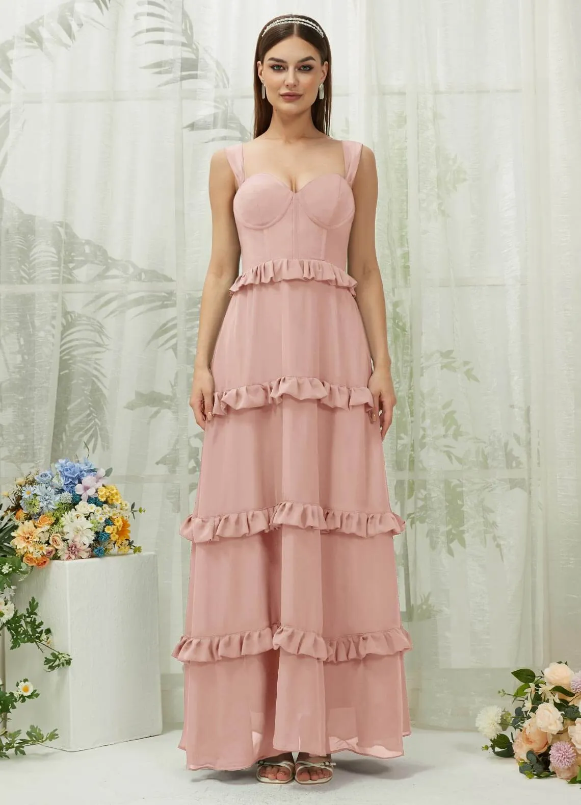 Dusty Pink Chiffon Sweetheart Straps Tiered Maxi Bridesmaid Dresses