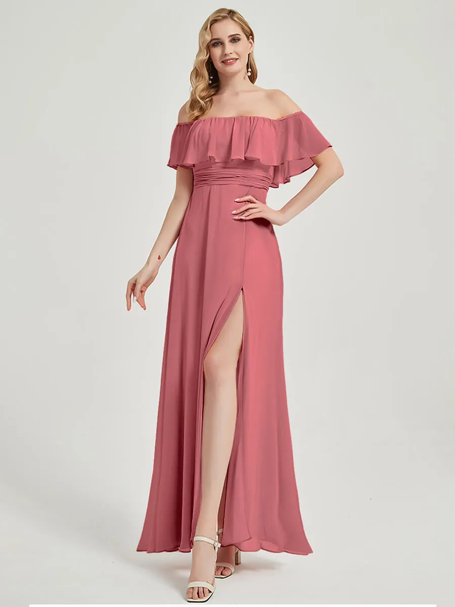 [Final Sale] Canyon Rose Convertible Ruffle Sleeves Chiffon Maxi Bridesmaid Dresses