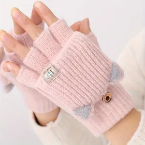 Fleur - Acryl Kattenoren Convertible Vingerloze Handschoenen met Knoopsluiting