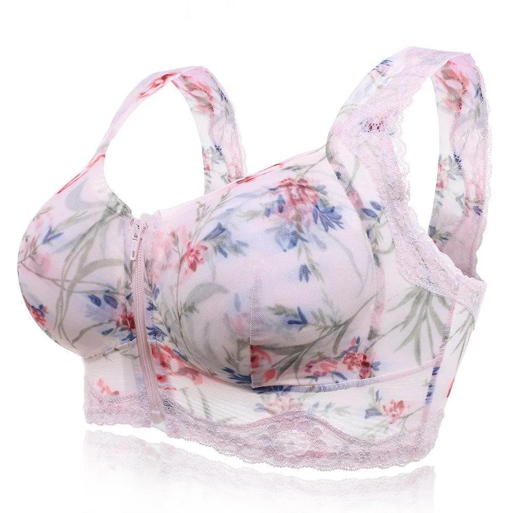 Front Zipper Massage Padding Print Lace-trim Bras
