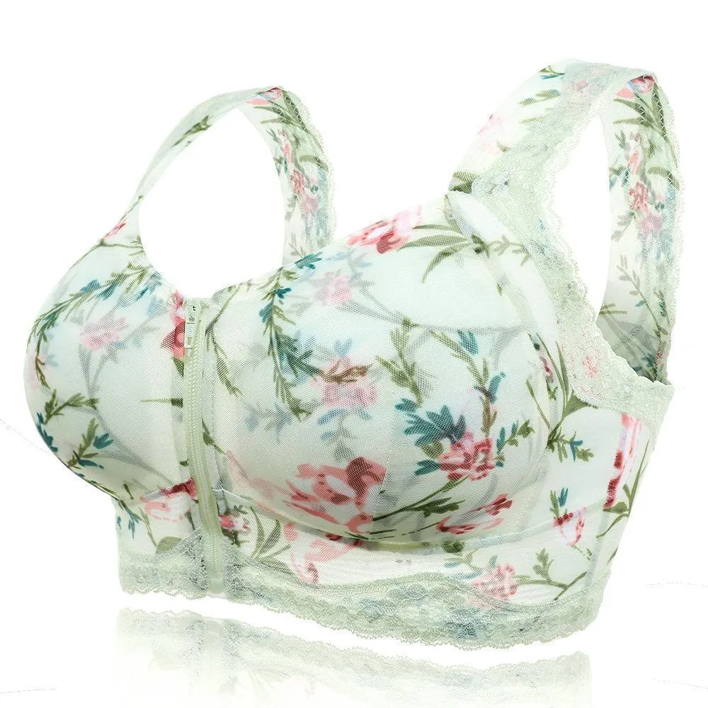 Front Zipper Massage Padding Print Lace-trim Bras