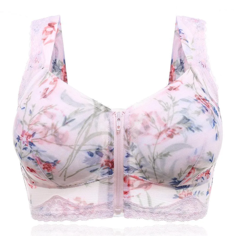 Front Zipper Massage Padding Print Lace-trim Bras
