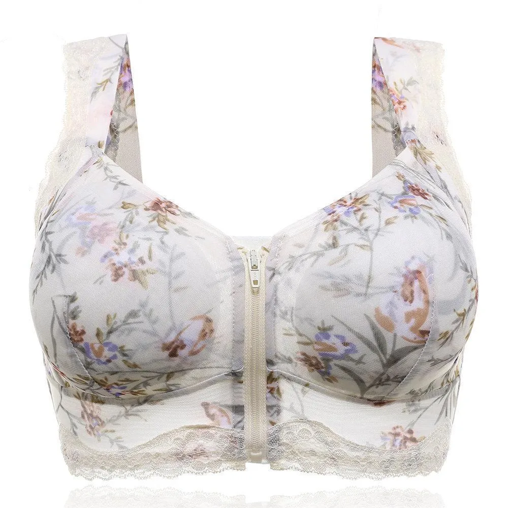 Front Zipper Massage Padding Print Lace-trim Bras