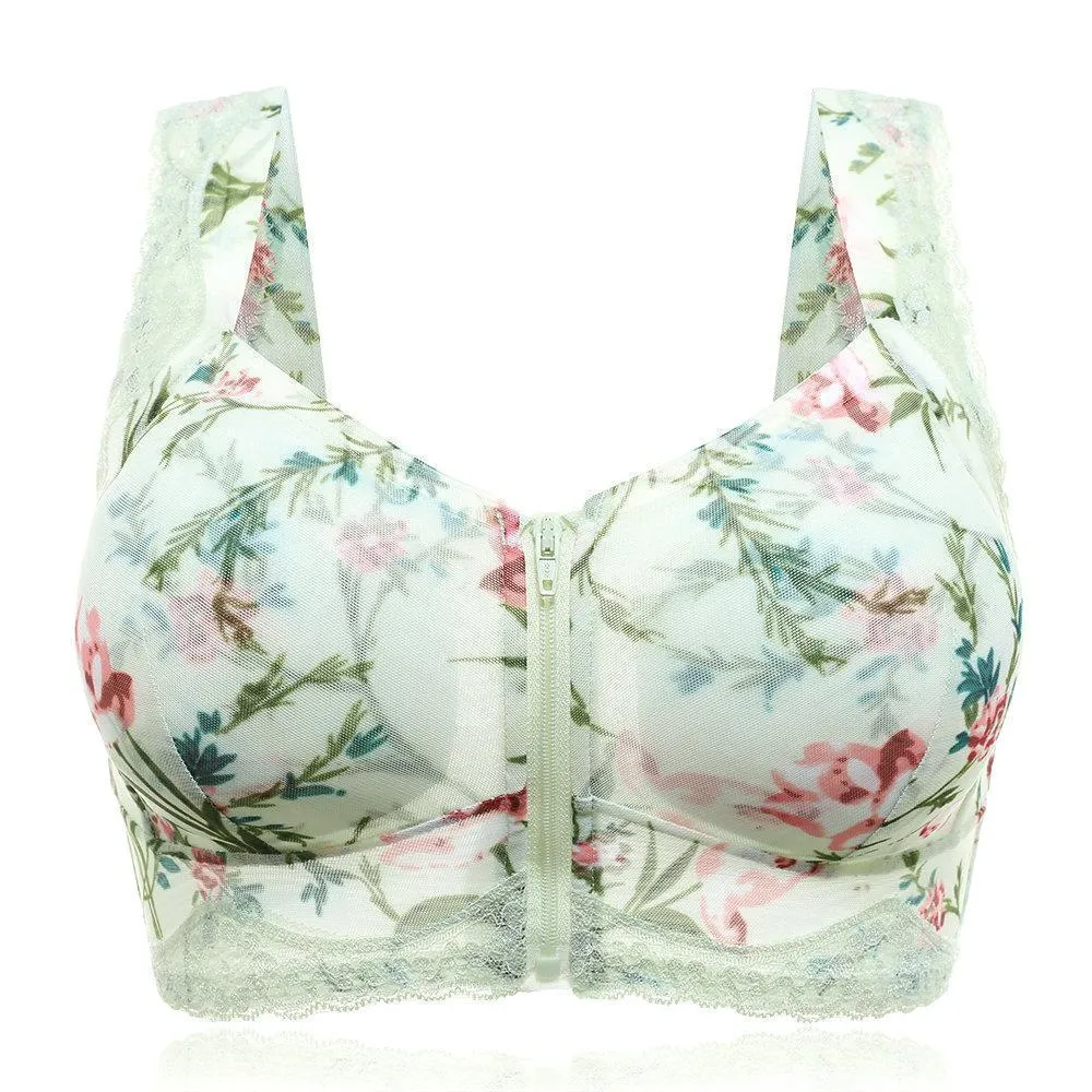 Front Zipper Massage Padding Print Lace-trim Bras