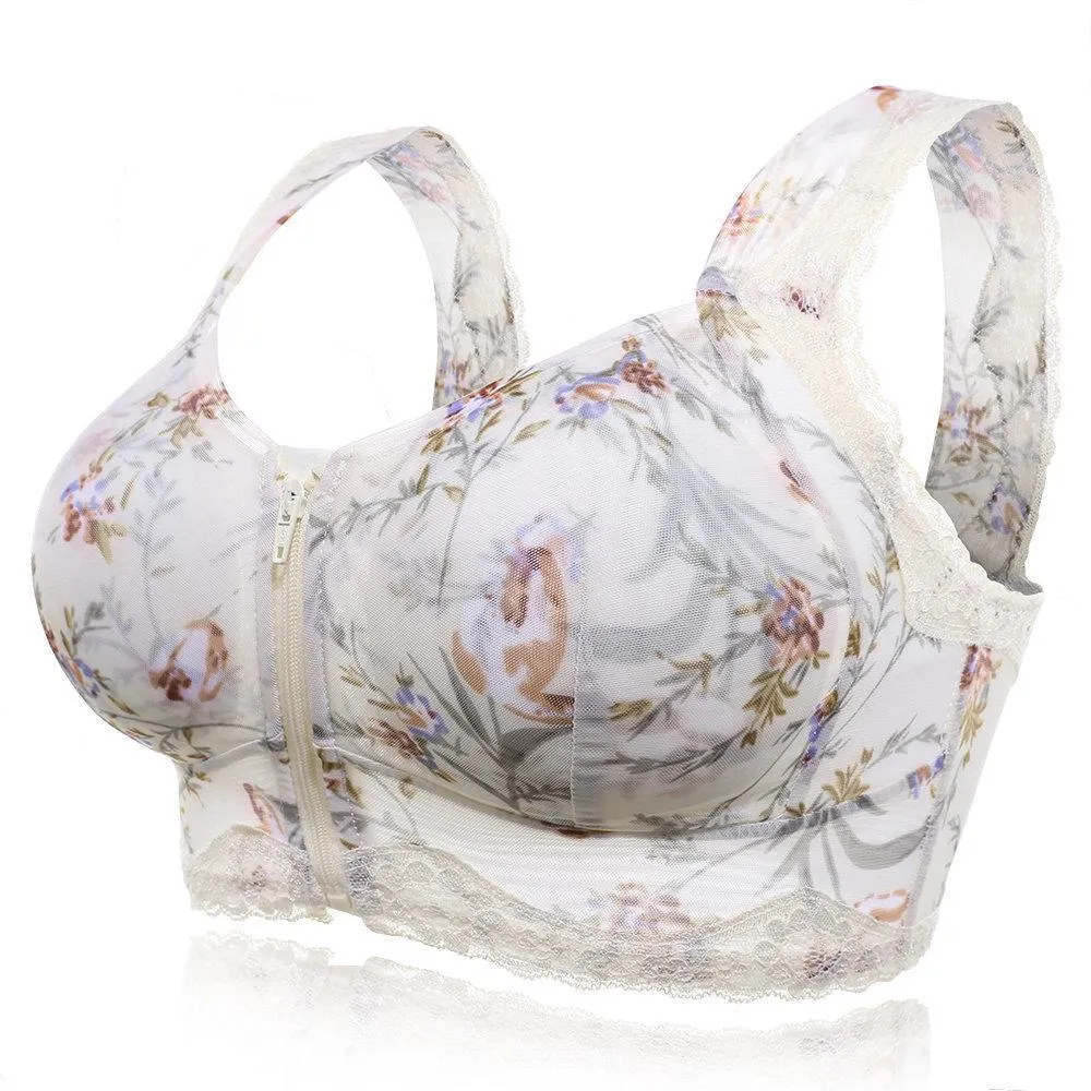 Front Zipper Massage Padding Print Lace-trim Bras