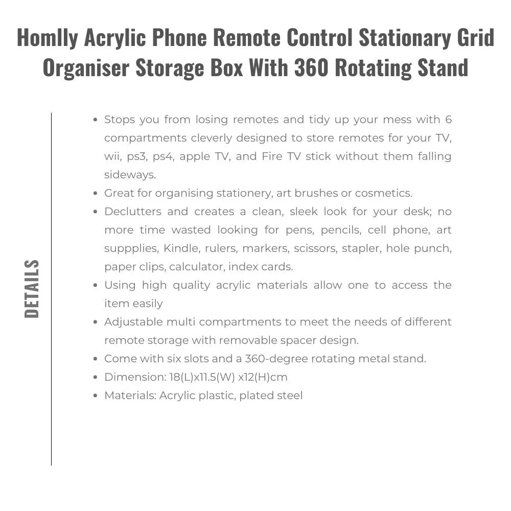 Homlly Acrylic Phone Remote Control Grid Organiser Storage Box With 360 Rotating Stand