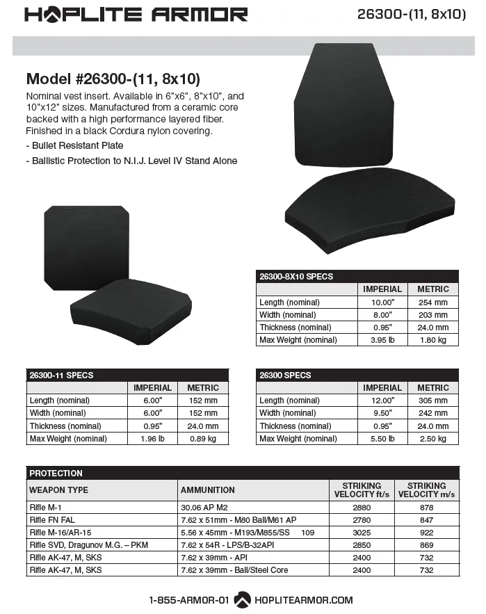 Hoplite Body Armor Lightweight Swimmer Plates- Level IV (26300)