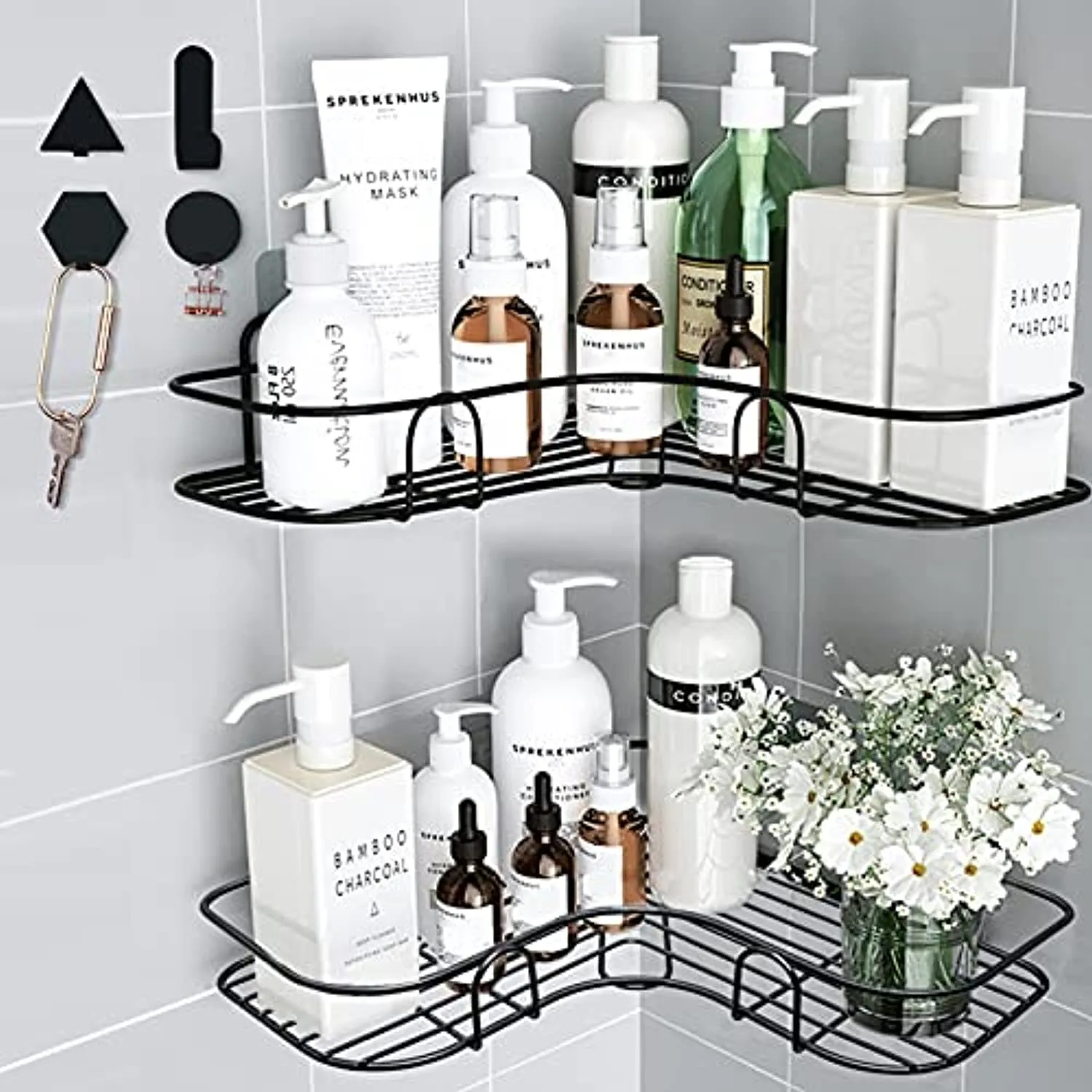 Huryfox 2Pack Corner Shower Caddy Hanging Bathroom Organizer Shelf Rust Proof Bathtub Accessories Organizer, Adhesive Basket Storage Rack Shampoo Holder Wall Organization (Black)