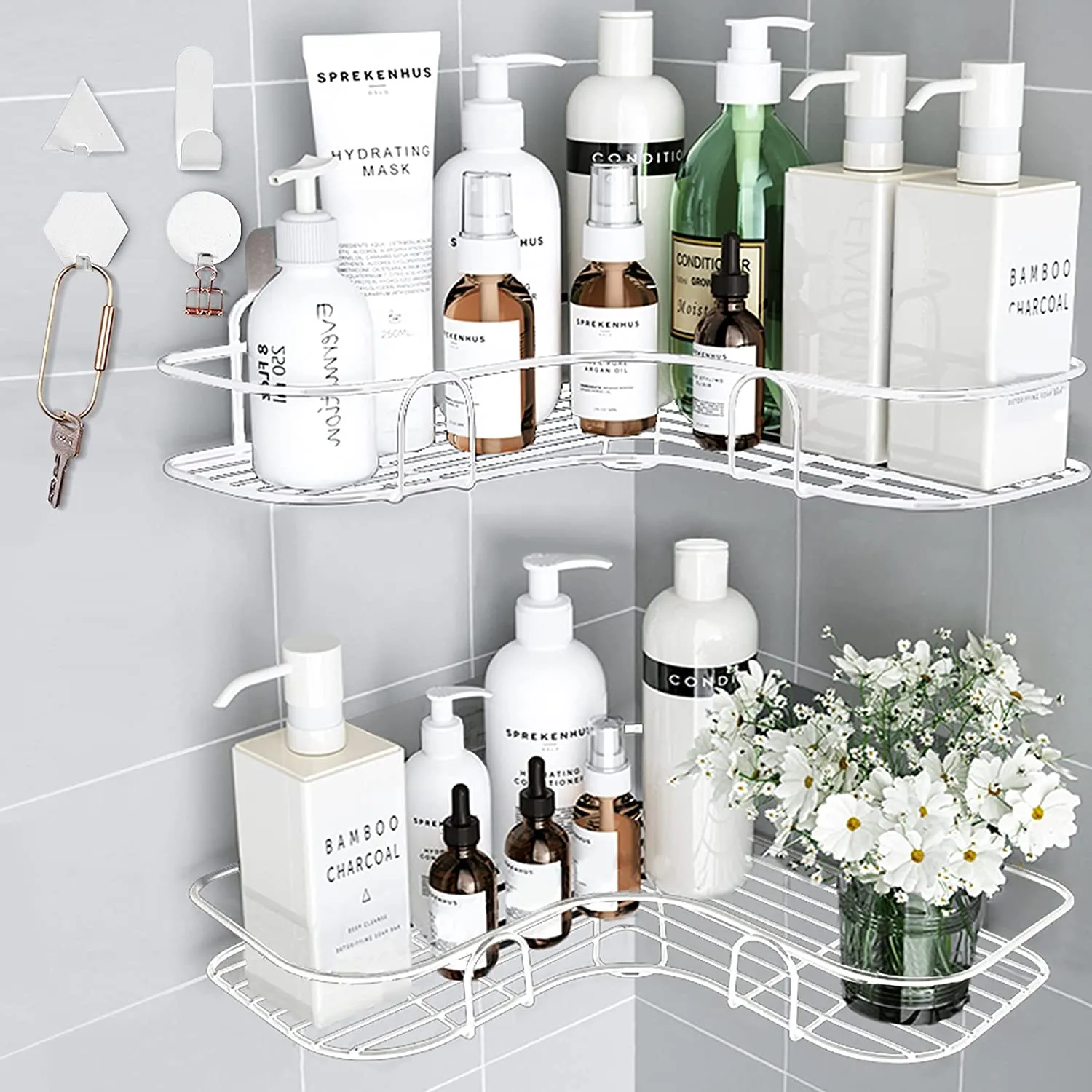 Huryfox 2Pack Corner Shower Caddy Hanging Bathroom Organizer Shelf Rust Proof Bathtub Accessories Organizer, Adhesive Basket Storage Rack Shampoo Holder Wall Organization (Black)