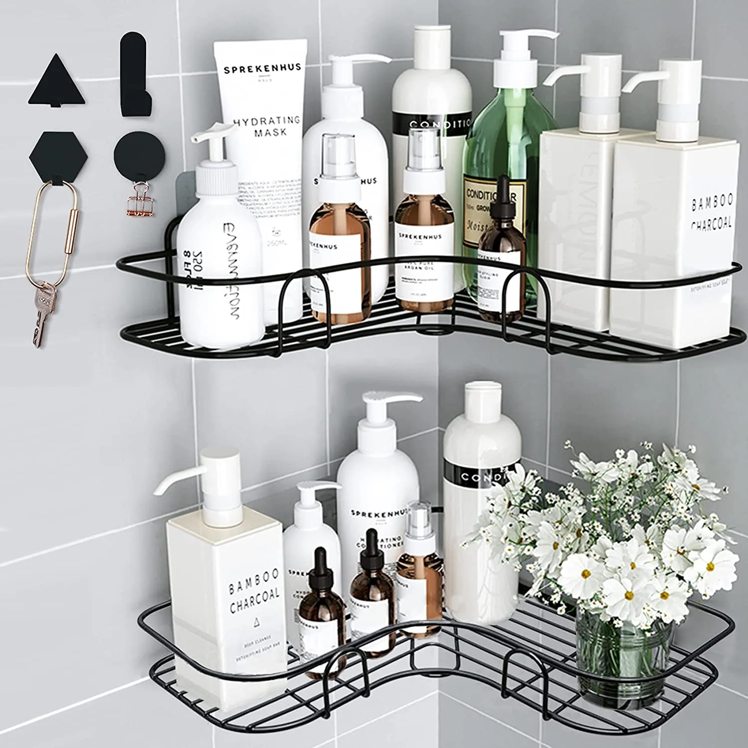Huryfox 2Pack Corner Shower Caddy Hanging Bathroom Organizer Shelf Rust Proof Bathtub Accessories Organizer, Adhesive Basket Storage Rack Shampoo Holder Wall Organization (Black)