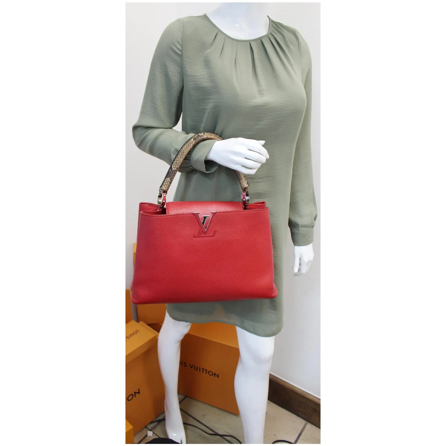 LOUIS VUITTON Capucines Taurillon Leather/Python Shoulder Bag Scarlet