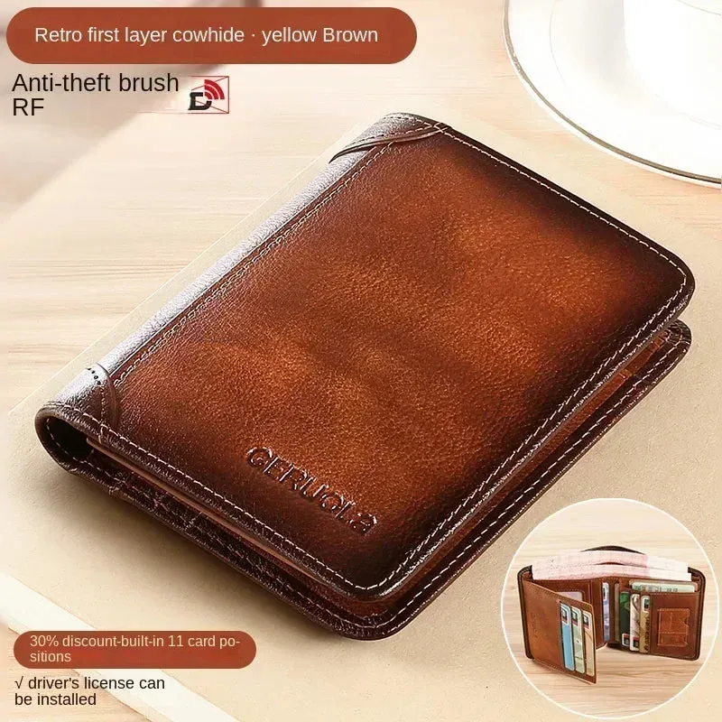 Men’s RFID Blocking Leather Trifold Wallet – Vintage & Slim Design