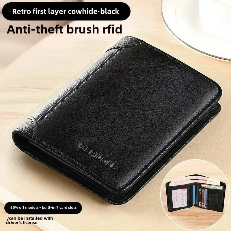 Men’s RFID Blocking Leather Trifold Wallet – Vintage & Slim Design