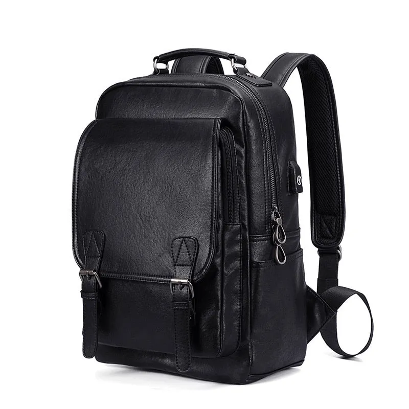 Men's Tech Backpack PU Leather Backpack - Black/Brown/Tan - 15 inches