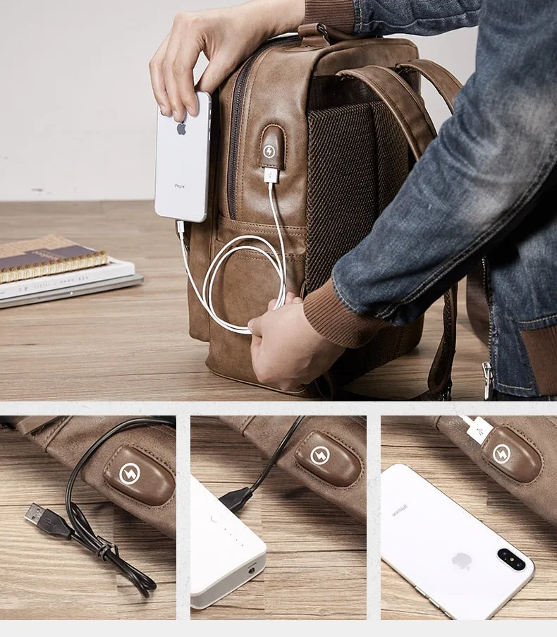 Men's Tech Backpack PU Leather Backpack - Black/Brown/Tan - 15 inches