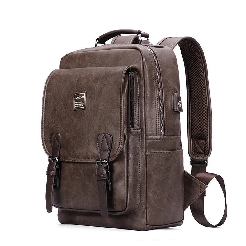 Men's Tech Backpack PU Leather Backpack - Black/Brown/Tan - 15 inches