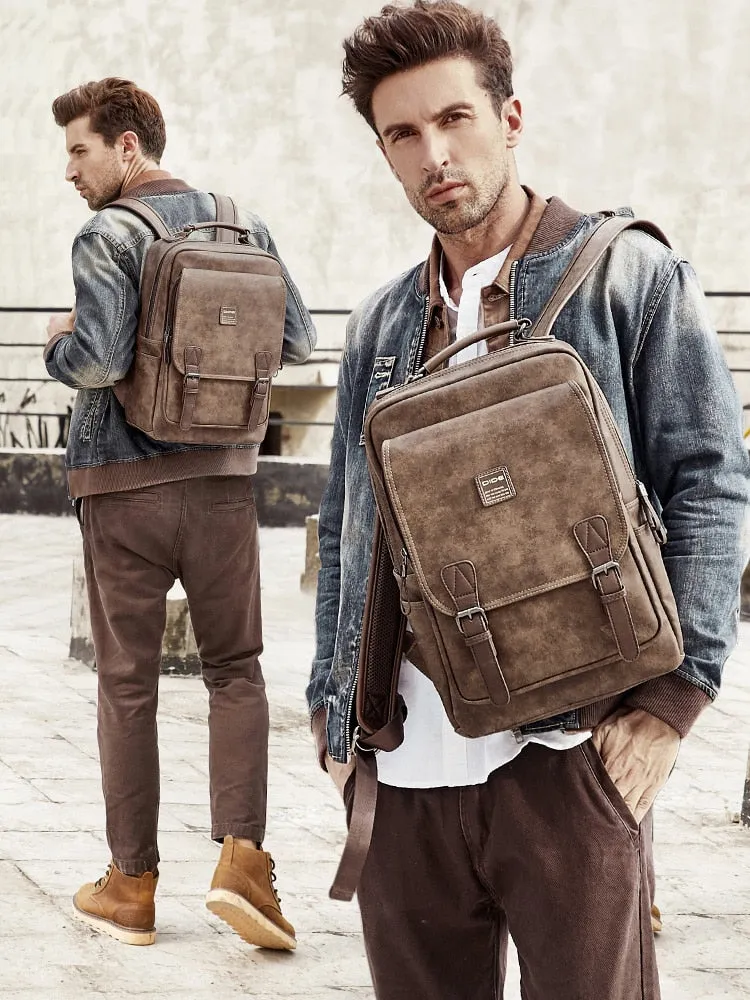 Men's Tech Backpack PU Leather Backpack - Black/Brown/Tan - 15 inches